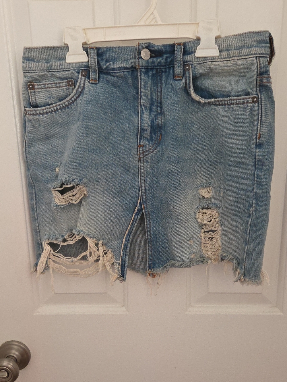 Free People Distressed Light Blue Denim Mini Skirt
